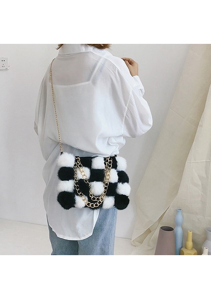 Rahat Peluş Top Dikiş Kafes Siyah Beyaz Zincir Çanta Basit Omuz Messenger Çanta (Yurt Dışından) indirimleri