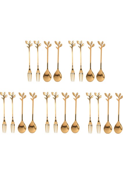 Sofra Altın Yaprak Kahve Kaşığı Çatal, 20'li Paket (10 Kaşık 10 Çatal) Küçük Espresso Kaşığı ve Meze Tatlı Çatal Seti (Yurt Dışından)