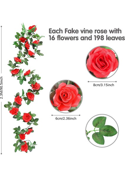 Yapay Gül Çelenk, 2 Paket 15 Ft Pembe Sahte Gül Asma Asılı Çiçekler Bitkiler Düğün Ev Için Sahte Çiçek Kırmızı (Yurt Dışından)