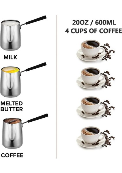 Paslanmaz Tereyağı ve Kahve Isıtıcısı,türk Cezvesi,mini Tereyağı Eritme Kazanı ve Borulu Sütlük -(600ML) (Yurt Dışından)