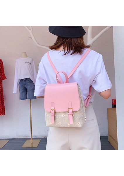 Küçük Papatya Kadın Hasır Çanta Moda Dokuma Deri Sırt Çantası Öğrenci Okul Çantası Seyahat Plaj Sırt Çantası Pembe (Yurt Dışından)