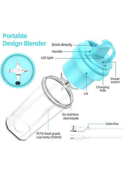 Kişisel Blender, Shake ve Smoothie'ler Için Taşınabilir Blender, USB Şarj Edilebilir, Bpa Içermeyen 550 ml Seyahat Spor Salonu Için Dış Mekan Yeşil (Yurt Dışından) modelleri