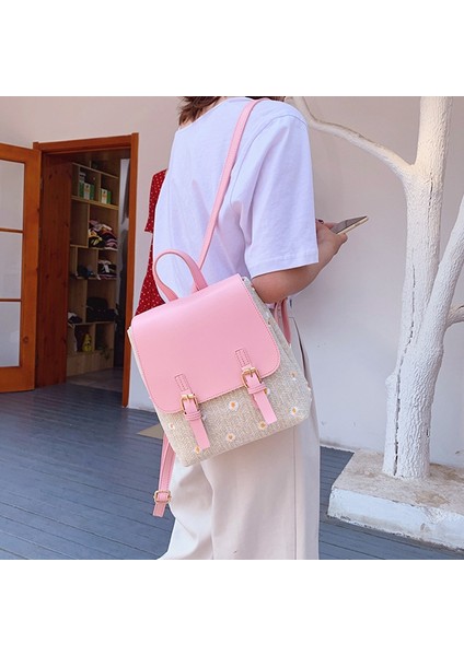 Küçük Papatya Kadın Hasır Çanta Moda Dokuma Deri Sırt Çantası Öğrenci Okul Çantası Seyahat Plaj Sırt Çantası Pembe (Yurt Dışından)