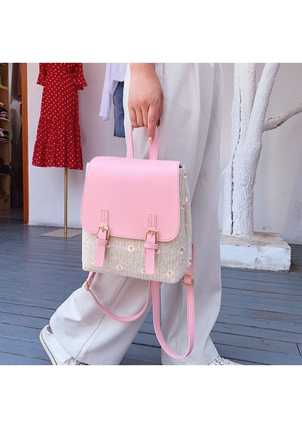 Küçük Papatya Kadın Hasır Çanta Moda Dokuma Deri Sırt Çantası Öğrenci Okul Çantası Seyahat Plaj Sırt Çantası Pembe (Yurt Dışından)