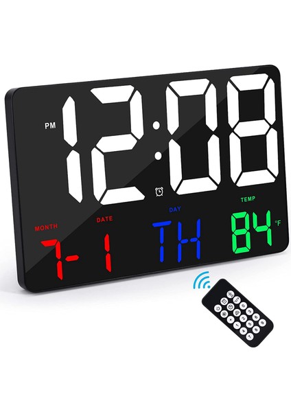 Dijital Duvar Saati Ekranı Kablosuz Uzaktan Kumandalı Çalar Saat Tarih ve Sıcaklık Özellikli LED Duvar Saati-A (Yurt Dışından)
