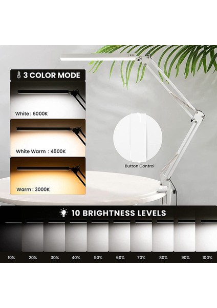 Kelepçeli 2x LED Masa Lambası, 10W Salıncak Kolu Masa Lambası, 3 Aydınlatma Modu, Çalışma, Çizim, Ofis Için Ayarlanabilir Masa Lambası (Yurt Dışından)