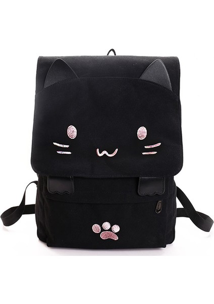 Moda Sevimli Nakış Kanvas Öğrenci Çantası Karikatürler Kadın Sırt Çantası Eğlence Okul Çantası Siyah ve Pembe (Yurt Dışından)