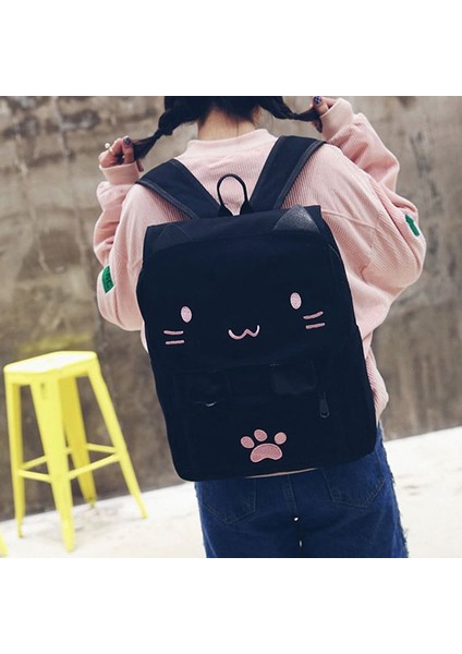 Moda Sevimli Nakış Kanvas Öğrenci Çantası Karikatürler Kadın Sırt Çantası Eğlence Okul Çantası Siyah ve Pembe (Yurt Dışından) fiyatları