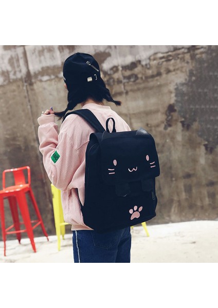 Moda Sevimli Nakış Kanvas Öğrenci Çantası Karikatürler Kadın Sırt Çantası Eğlence Okul Çantası Siyah ve Pembe (Yurt Dışından) modelleri