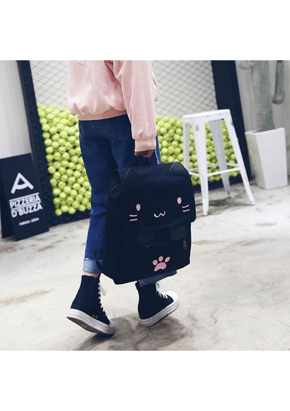 Moda Sevimli Nakış Kanvas Öğrenci Çantası Karikatürler Kadın Sırt Çantası Eğlence Okul Çantası Siyah ve Pembe (Yurt Dışından) fırsatları