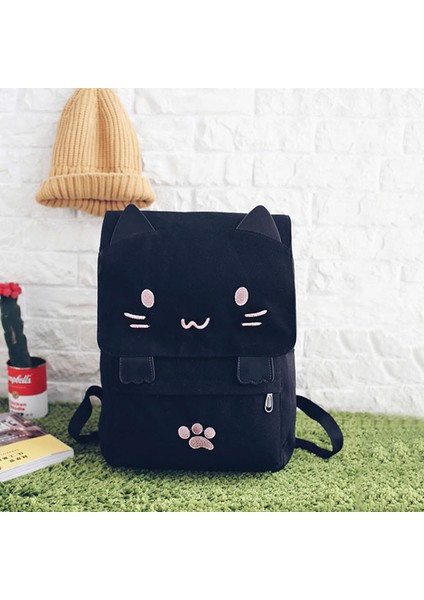Moda Sevimli Nakış Kanvas Öğrenci Çantası Karikatürler Kadın Sırt Çantası Eğlence Okul Çantası Siyah ve Pembe (Yurt Dışından) indirimleri
