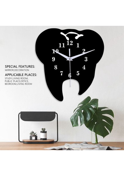 Timelike Yaratıcı Diş Şeklinde Duvar Saati Diş Süs Duvar Saati 3D Akrilik Yaratıcı Ayna Duvar Sticker Ev Dekor-Siyah (Yurt Dışından)