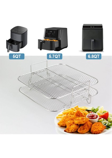 Paslanmaz Çelik Hava Fritöz Tenceresi Çift Katmanlı Raf Çok Yönlü Kare Kavurma Izgara Hava Fritözler Tutucu 5qt/5.7qt/6.8qt (Yurt Dışından)