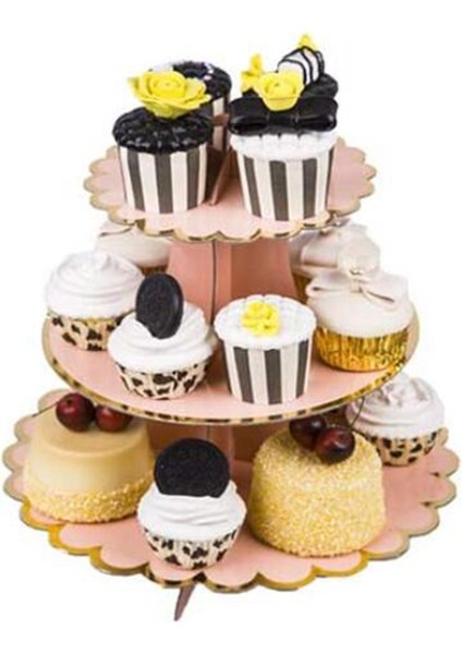 2 Adet Karton Cupcake Tutucu Tatlı Kulesi 3 Kat (Siyah + Altın Kenar) (Yurt Dışından)