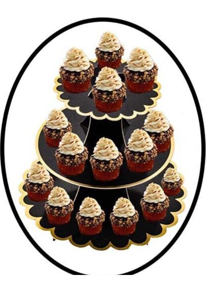 2 Adet Karton Cupcake Tutucu Tatlı Kulesi 3 Kat (Siyah + Altın Kenar) (Yurt Dışından)