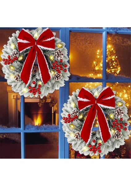 2 Adet Işıklı Noel Çelenkleri, Kırmızı Fiyonklu 13 Inç Önceden Aydınlatmalı Mini Noel Çelengi, LED Işıklı Çam Iğnesi Çelengi (Yurt Dışından)