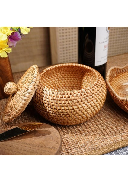 Kapaklı Rattan Yuvarlak Sepet, Kapaklı Rattan Saklama Sepeti, Masa Rafı Için Ekmek Yemek Sepeti Meyve Aperatifleri Sepeti (Yurt Dışından)