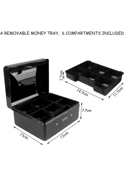 Kilitli Saklama Tepsili Dayanıklı Metal Para Kutusu - Şifreli Kilitli Küçük Para Kutusu 15 x 12 x 7,7 cm (Siyah) (Yurt Dışından)