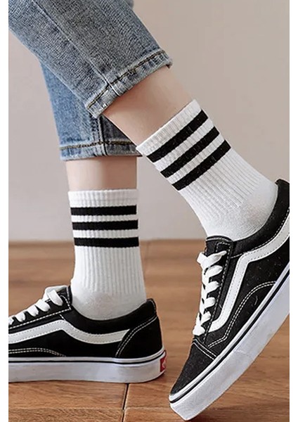 4'lü Unisex Siyah Çizgili Pamuklu Kısa Konç Çorap