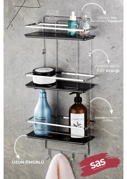 Yapışkanlı Ömür Boyu Paslanmaz Kristal Ayarlanabilir Raf Banyo Düzenleyici Şampuanlık Krom-Siyah Lş-03 Kskk fiyatları