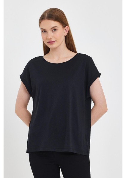 Kadın Cindy Siyah Bisiklet Yaka Regular Fit Basic Modal Tişört (Lyocell)