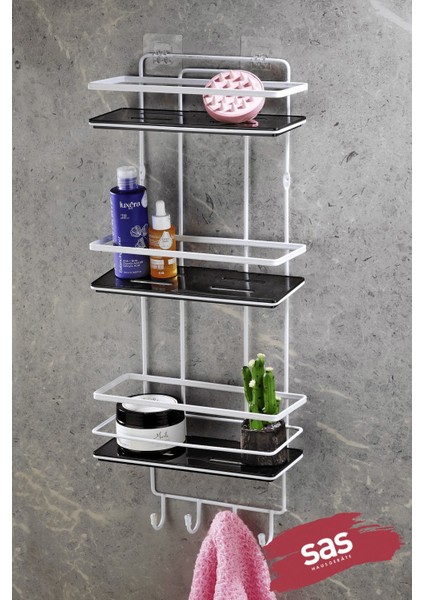 Yapışkanlı Ömür Boyu Paslanmaz Kristal Ayarlanabilir Raf Banyo Düzenleyici Şampuanlık Beyaz - Siyah Lş-03 Bsbk