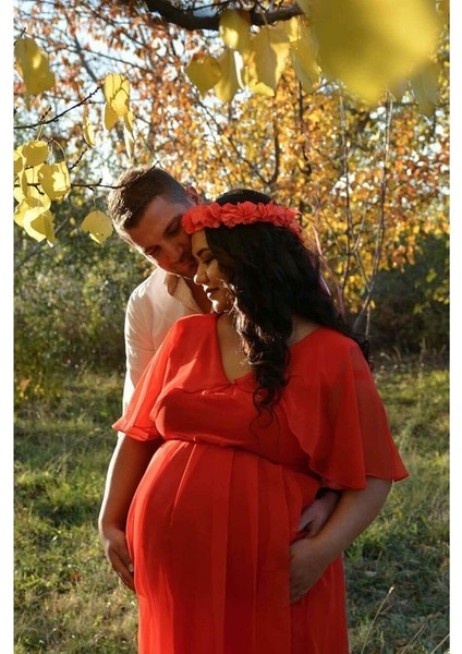 Babyshower Melek Kol Kırmızı Hamile Elbisesi