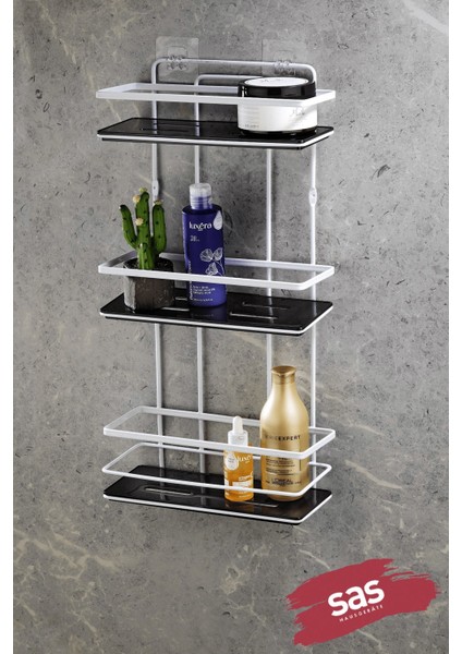 Yapışkanlı Ömür Boyu Paslanmaz Kristal Ayarlanabilir Raf Banyo Düzenleyici Şampuanlık Krom - Siyah Lş-03 Bs