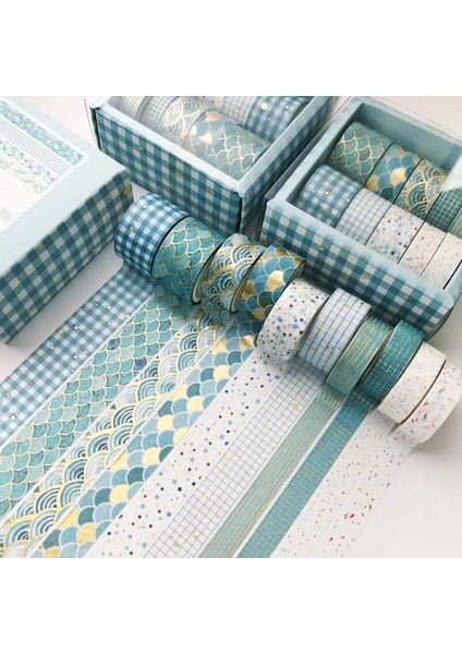 Mavi Ton Stili Et Mavi Geometri Serisi Altın Washi Bant Seti Scrapbooking Dekoratif Yapışkan Bantlar Kağıt Japon Kırtasiye Sticker (Yurt Dışından)