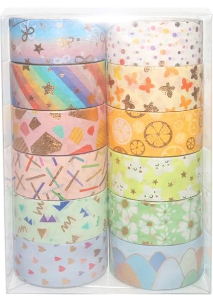 12 Parça Set Stili Et Kawaii Altın Varak Washi Bant Sevimli Gökkuşağı Maskeleme Bandı Dekoratif Yapışkan Bant Sticker Scrapbooking Günlüğü Kırtasiye (Yurt Dışından)
