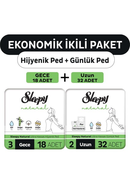 Ekonomik İkili Paket (Natural Ultra Hassas Hijyenik Ped Gece 18'li + Günlük Ped Normal 32'li)