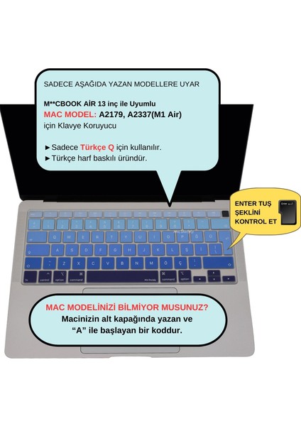 Macbook Air M1 Klavye Kılıfı Türkçe Q Baskı A2179 A2337 ile Uyumlu Ombre