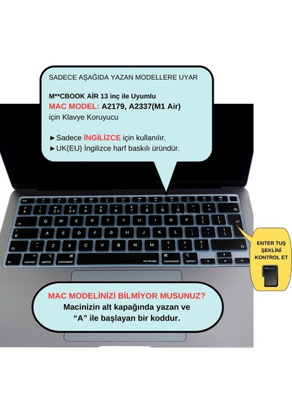 Macbook Air M1 Klavye Kılıfı UK(EU) İngilizce Harf Baskı A2179 A2337 ile Uyumlu