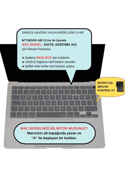 Macbook Air M1 Klavye Kılıfı UK(EU) İngilizce Harf Baskı A2179 A2337 ile Uyumlu