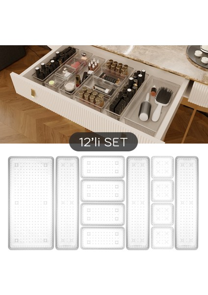 12'li Dolap Içi Takı Makyaj Organizer - Çekmece Içi Düzenleyici Set Şeffaf