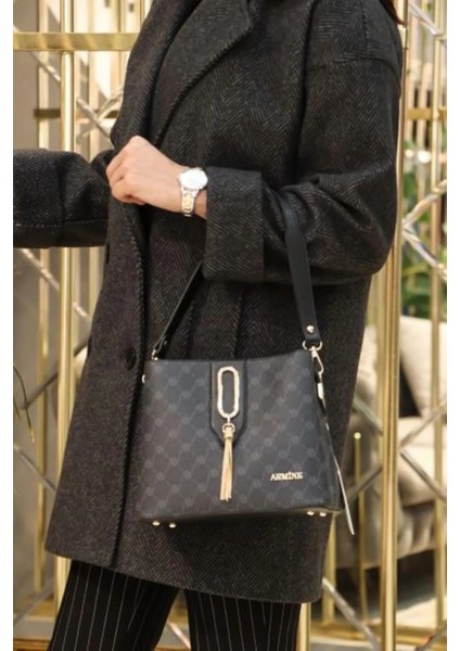 Kadın El ve Omuz Çantası Siyah Baskılı 361