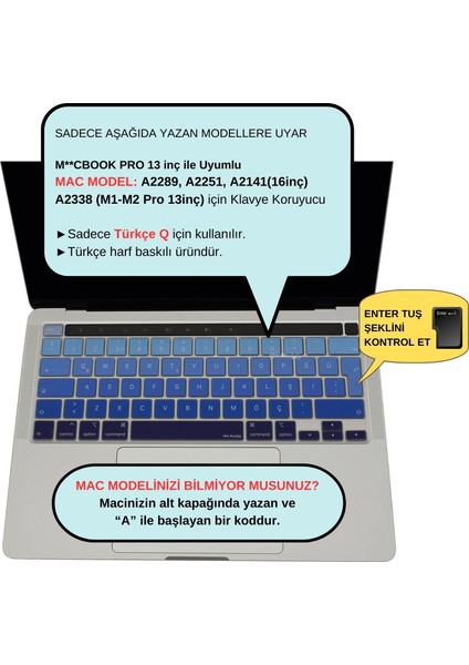 Macbook Pro Klavye Kılıfı 13inç M1-M2 Türkçe Q Baskı A2338 2289 2251 A2141 ile Uyumlu Ombre