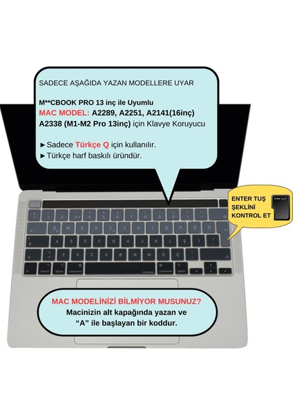 Macbook Pro Klavye Kılıfı 13inç M1-M2 Türkçe Q Baskı A2338 2289 2251 A2141 ile Uyumlu Ombre