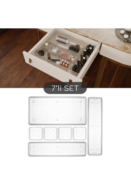 7 Parça Şeffaf Tasarım Modüler Saklama Kabı - Çekmece Içi Düzenleyici, Banyo Makyaj Takı Organizeri
