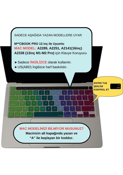 Macbook Pro Klavye Kılıfı 13inç M1-M2 US(ABD) İngilizce A2338 2289 2251 A2141 Uyumlu Dazzle