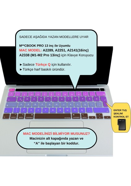 Macbook Pro Klavye Kılıfı 13inç M1-M2 Türkçe Q Baskı A2338 2289 2251 A2141 ile Uyumlu Ombre