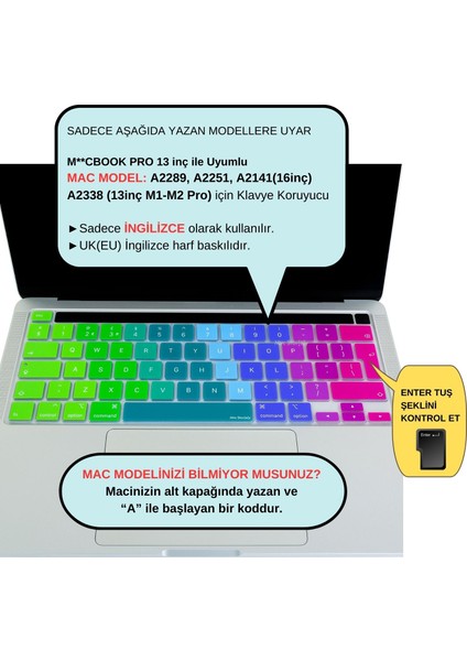 Macbook Pro Klavye Kılıfı 13inç M1-M2 UK(EU) İngilizce A2338 2289 2251 A2141 Uyumlu Dazzle