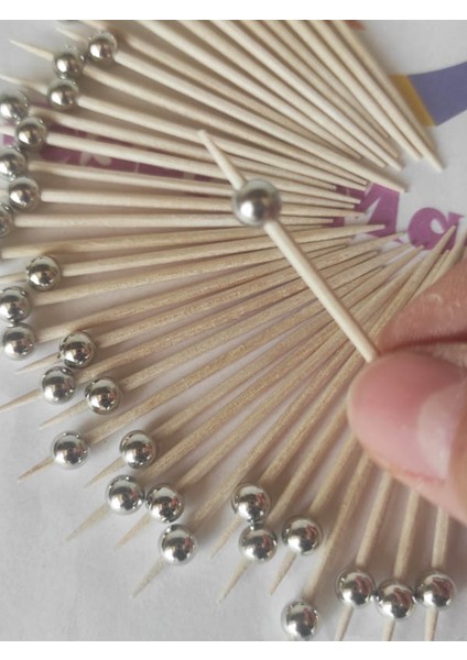 100 Adet Küçük Incili Lokumluk Kokteyl Kürdanı 6 cm Gümüş-Inci 6 mm - Nişan Mevlid Incili Kürdan