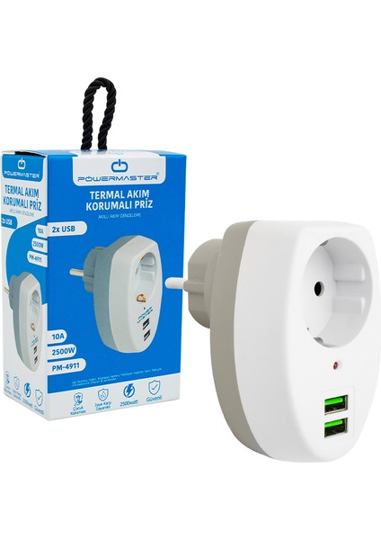 Powermaster PM-4911 10 Amper 2500 Watt 2 USB Li Tekli Termal Akım Koruyucu Priz