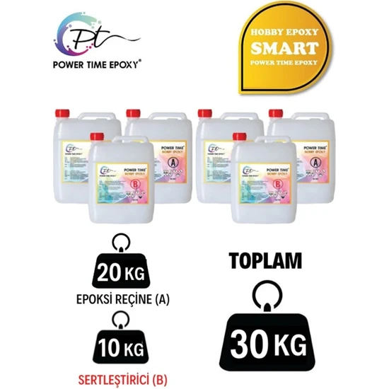 Power Time Epoxy 30 kg Power Time Epoxy Hobby Epoxy Smart/ Hobi Epoksi Reçine Şeffaf Ince Döküm