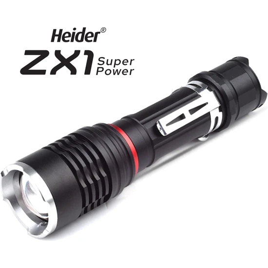 Heider ZX1 (Yeni) 500m Mesafeli 10 Watt Super Power Zoom El Feneri - Şarjlı - Heider XR-18650 Pro Pil Dahil - Ce ve Rohs Belgeli