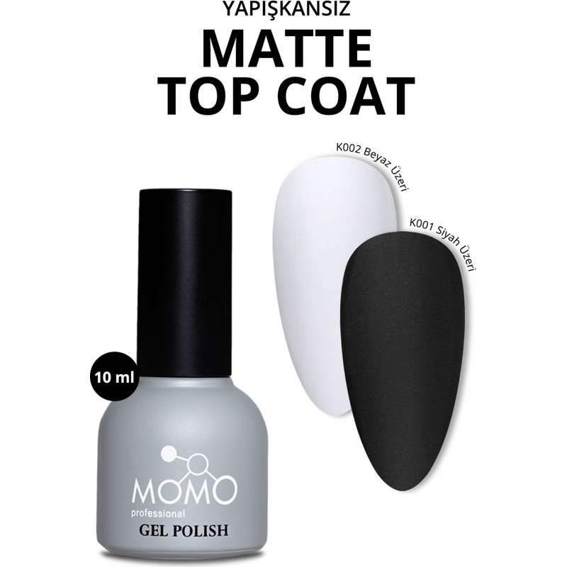 Momo Professional Kalıcı Oje İçin Çok Renkli Matte Top Coat 10 ml Yapışkansız ve Sararma Yapmaz