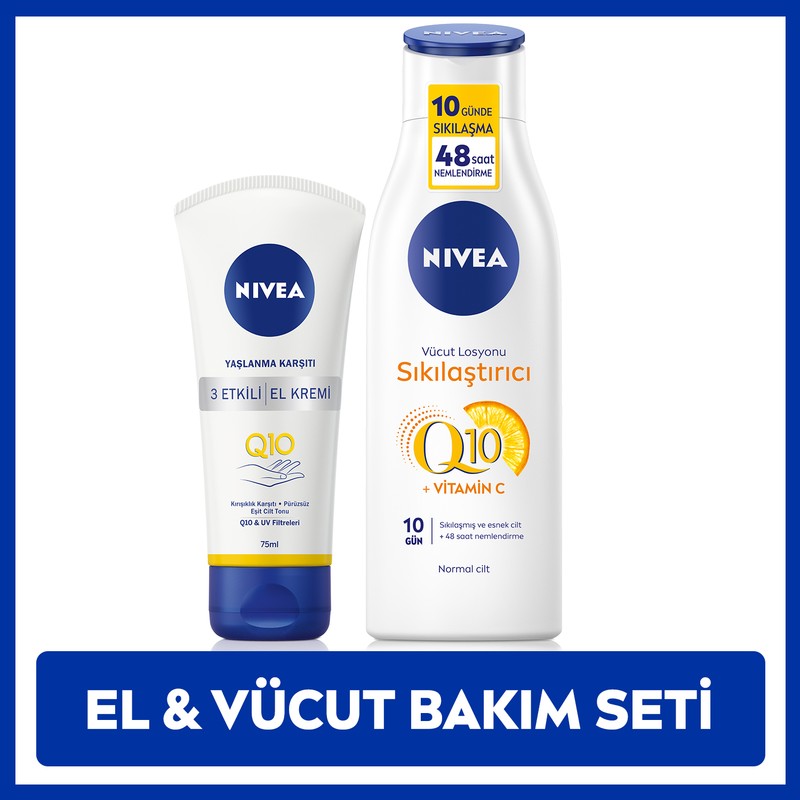 Nivea Q10 ve C vitamini Sıkılaştırıcı Vücut Losyonu 250ml ve Yaşlanma Karşıtı El kremi 75ml