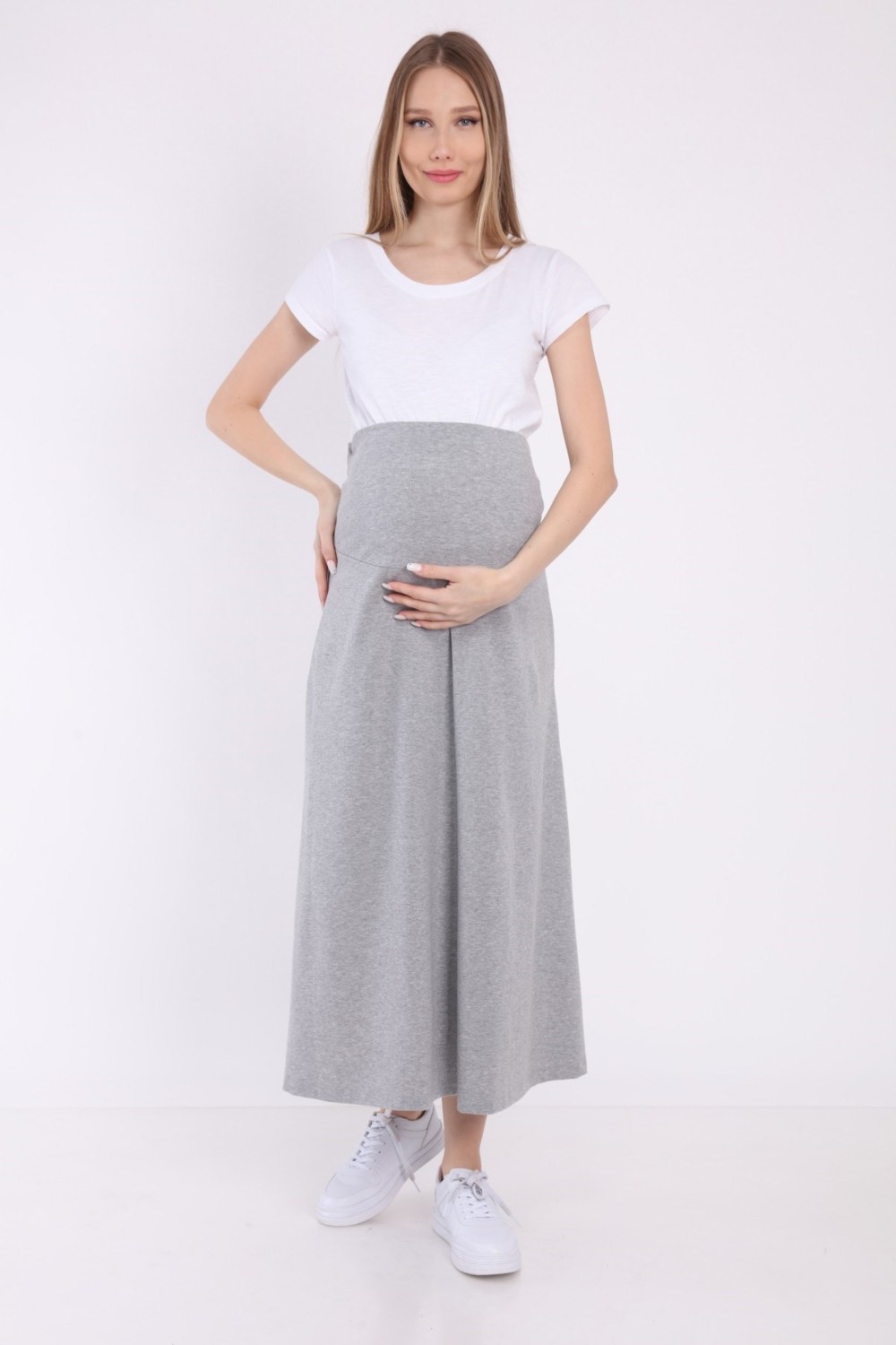 Luvmabelly Gri Hamile Eteği, Ayarlanabilir Bel, %95 Pamuk %5 Elastan, Günlük ve Özel Günlerde Konforlu Kullanım görsel 3