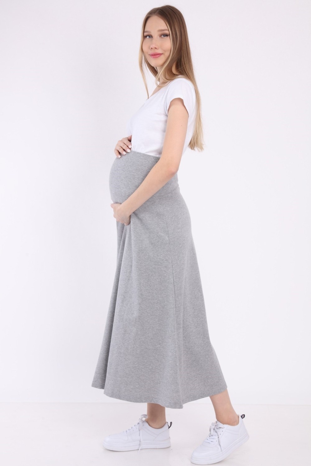 Luvmabelly Gri Hamile Eteği, Ayarlanabilir Bel, %95 Pamuk %5 Elastan, Günlük ve Özel Günlerde Konforlu Kullanım görsel 4